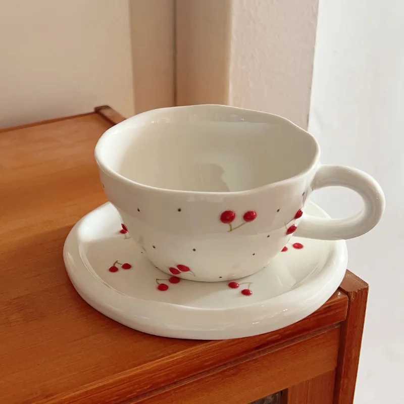 Hand-Painted Cherry Ceramic Cup Set Handmade Vintage Style for Coffee Tea Instagram Cute Afternoon Drinkware Girls Gift H260323