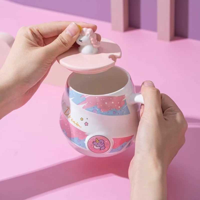 JUSTINLAU 480ML Unicorn Rainbow Spiral Ceramic Coffee Cup with Spoon Home Milk Cup Juice Cup Creative Birthday Gift Tea Cup Set D260323