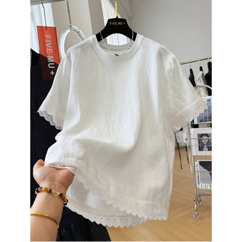 High-end Designer T-shirt Light-luxury Pure Ramie Short-sleeve T-shirt For Women Summer Thin Designer Hoodie Lace Polo Trim Elegant Top Super Stylish Blouse