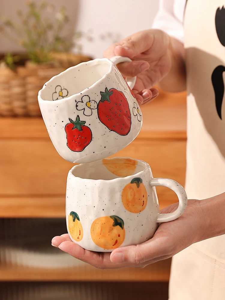 3pcs Small Ceramic Cup With Hand Drawn Strawberry Orange lemon Unique Handmade Cute Floral Mug Ideal For Restaurants H260323