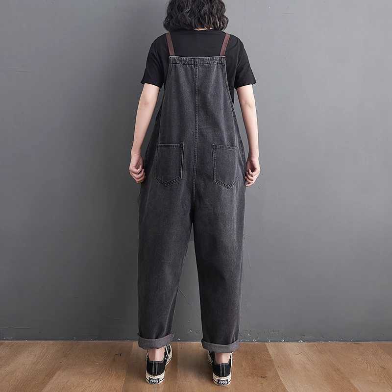 Denim Jumpsuit For Women Spring Autumn Grey Loose Jean Overalls Baggy Suspender Wide Leg Rompers All Match Trousers M260323