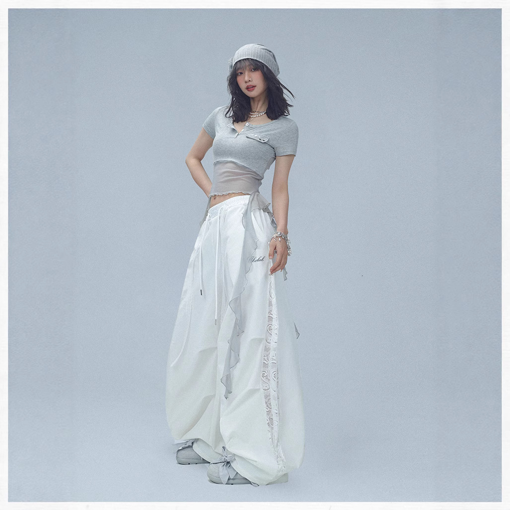 American Street Dance Trendy Brand Designer Pants Summer Quick-dry Scimitar Pants Women Lace Patchwork Jazz Sports Long Pants Hip-hop Wide-leg Pants