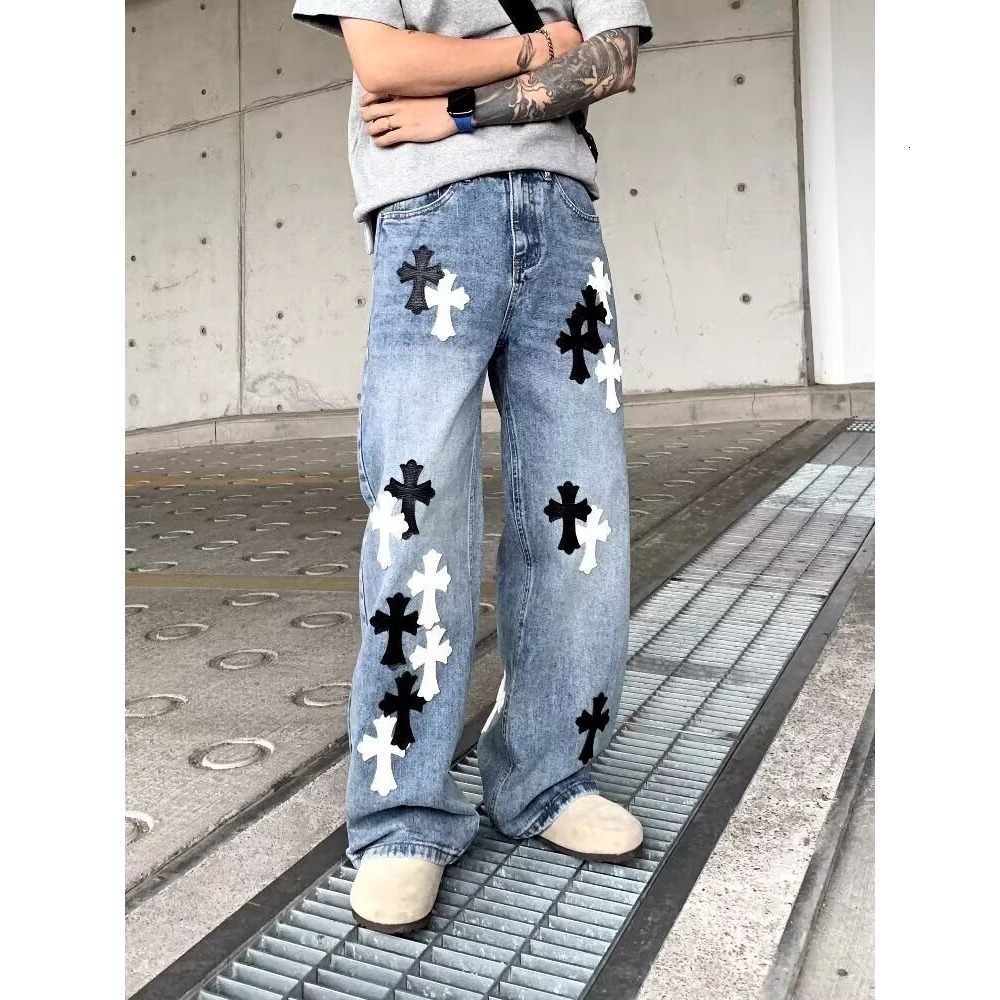 2026 Designer Jeans Spring Luxury Men's Loose Pants Fashion Black And White Leather Splicing Embroidered Wide Leg Straight Tube Youth Street Jean