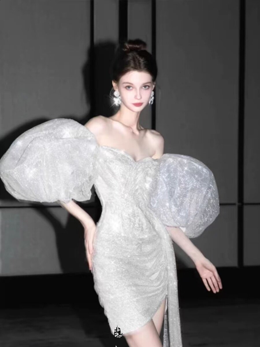 Frenchstyle silver strapless sequin dress with puff sleeves niche design for banquets annual meetings birthday parties performances highend short dress 220923Z