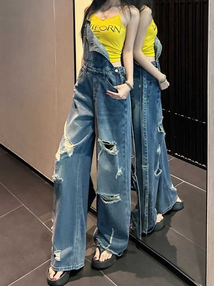American style retro ripped denim overalls womens summer new design sense loose cargo one-piece wide leg floor pants M260323