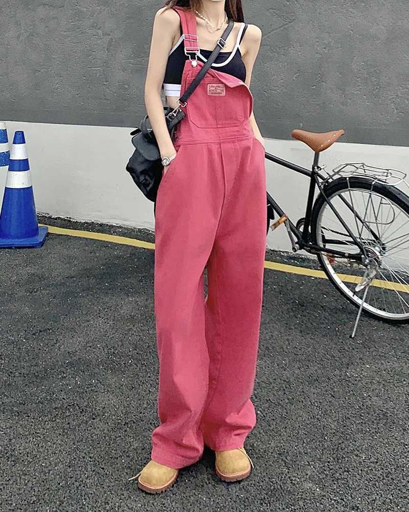 jeans womens 2025 Summer Style loose Girls Pink wide leg trousers jumpsuit korean casual denim overalls womens M260323