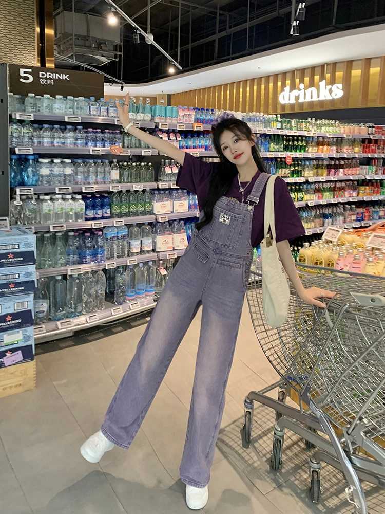 Vintage Women Denim Jumpsuit 2024 Korean Style Casual Loose Straight Jeans Spring Autumn Girls Strap Overall M260323