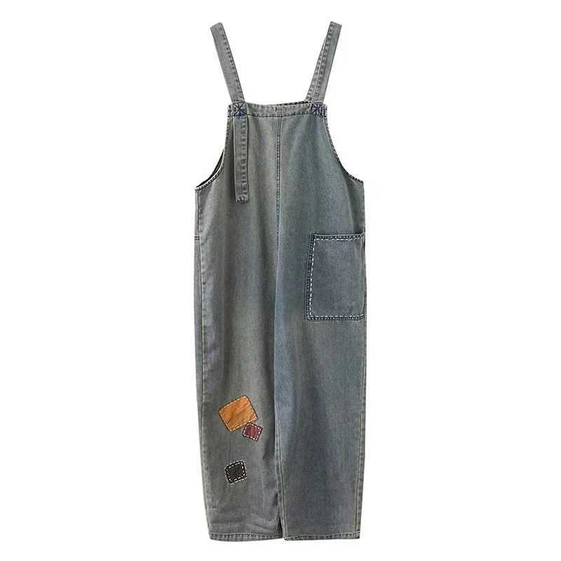 Vintage Contrasting Denim Overalls Spring Summer Women Patch Casual Loose Wide Leg Jumpsuit Female Jean Romper M260323