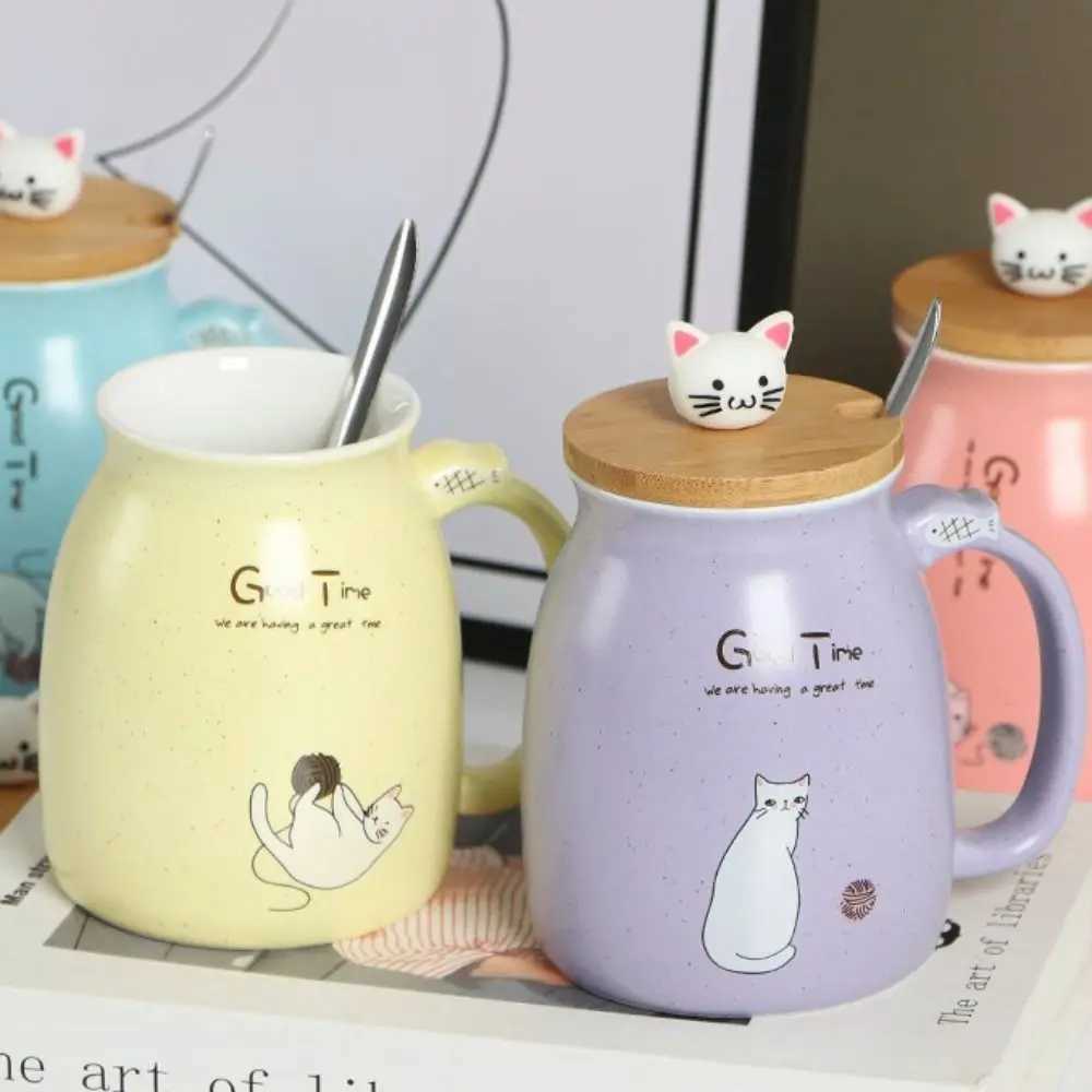 Cute Japanese Style Cartoon Cat Mug Ceramic 450ml Tea Cup with Spoon with Wooden Lid Coffee Mug Kids D260323