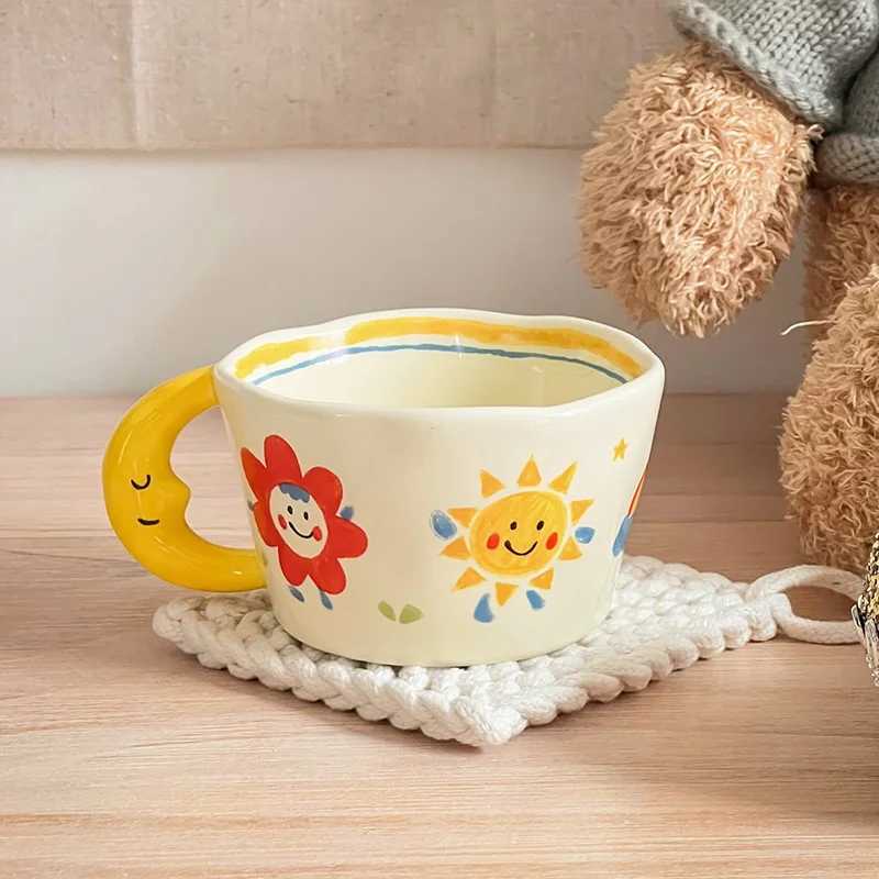 300ML Korean Style Cute Hand-painted Handle Mug Personalized Good-looking Ceramic Cup Couple Mug For Birthday Gift D260323