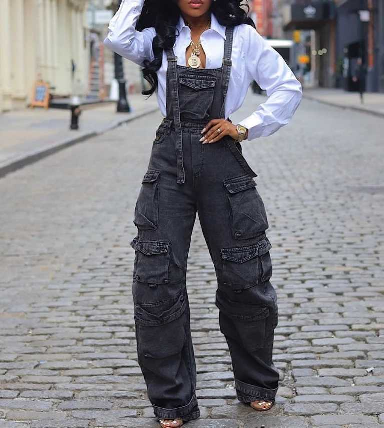 Jumpsuit American Street Zipper Denim Overalls Trendy Design Casual Multi Pocket Cargo Pants Womens Streetwear Denim Jumpsuit M260323