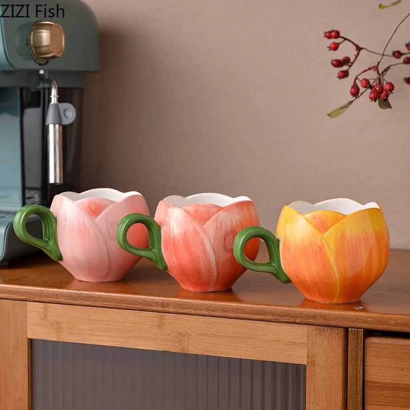 Tulip Flower Shaped Cupsaucer Dining Table Coffee Mug Delicate Porcelain Mugs Afternoon Tea Teacup Fruit Juice Container H260323