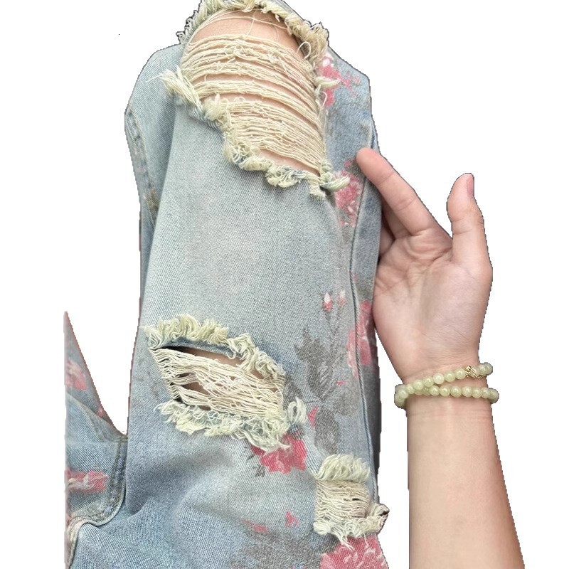 2026 New Designer Jeans Luxury Men's High Street Floral Print Distressed Loose Straight Leg Pants Fashion Trend Essential American Street Ripped 