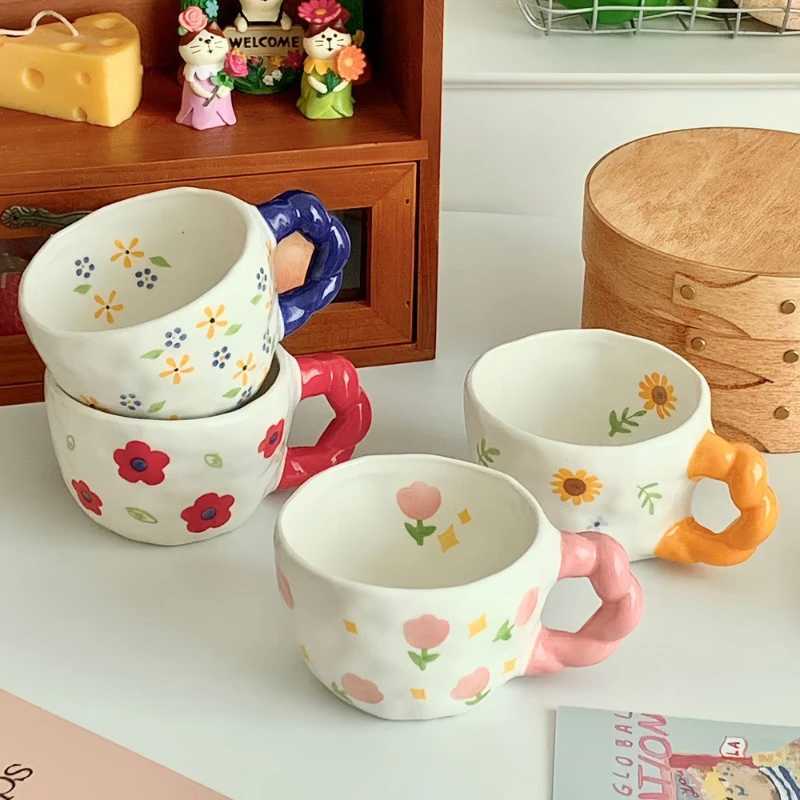 250ml Hand-made Irregular Ceramic Mug Hand-painted Flower Pattern Coffee Cup Childrens Breakfast Milk Cup Kitchen Drinkware H260323