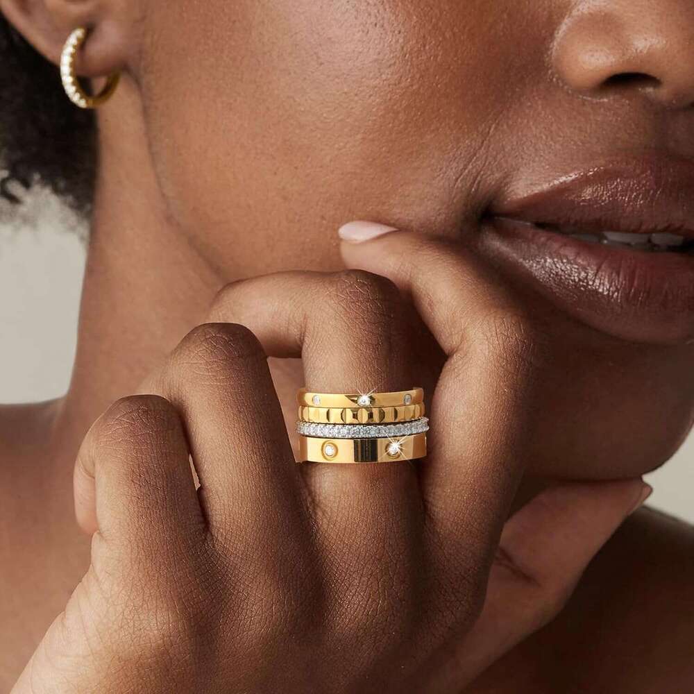 Stackable Ring 18K Gold Plated Set Non Tarnish Stainless Steel Cubic Zirconia Friendship Band Stack Rings Trendy Jewelry Christmas Birthday Party Gift - view 3