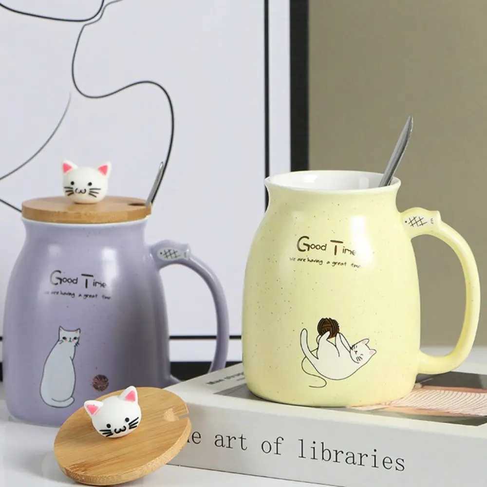 Cute Japanese Style Cartoon Cat Mug Ceramic 450ml Tea Cup with Spoon with Wooden Lid Coffee Mug Kids D260323