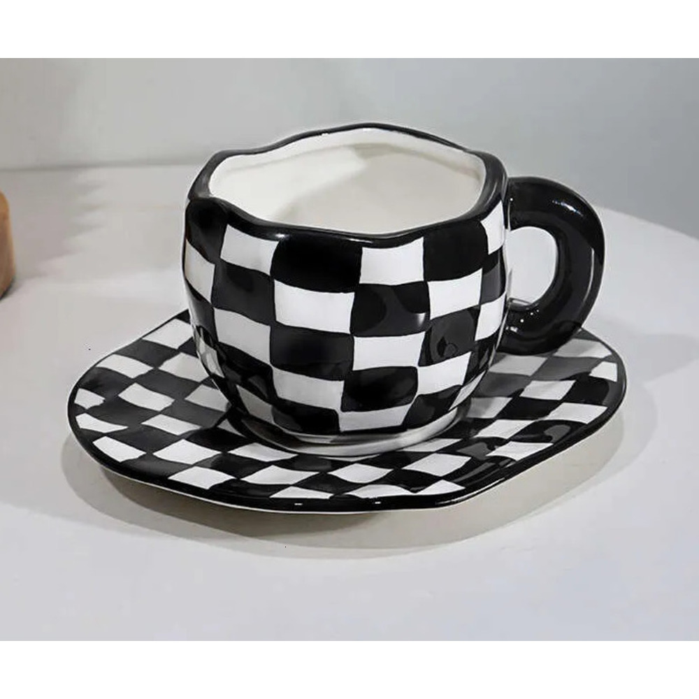 American Retro Hand Painted Black Checkered Mug Underglaze Ceramic Coffee Cup Pastry and Bread Plate Breakfast Cup