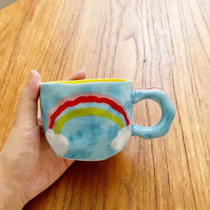 Rainbow Korean Ins Style Hand Pinched Irregular Ceramic Mugs Hand-painted Flower Coffee Cups Milk Tea Cup Valentines Day Gift H260323