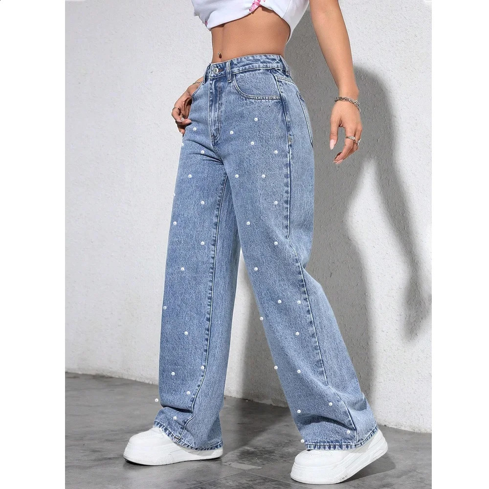 Women High Waist Denim Jeans Ladies Fashion Beading Straight Pants 260625 - view 3