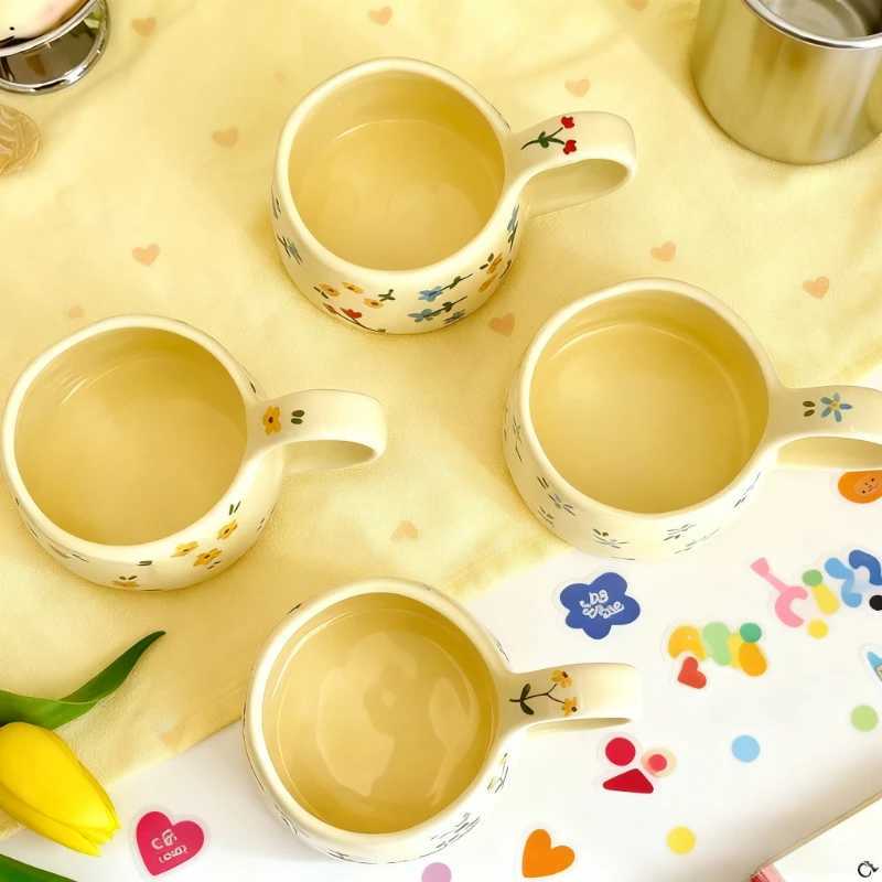 Cream yellow Ceramic Mug Korean Style Cute Flower Pattern Coffee Cup Hand Pinched Irregular Mug Breakfast Milk Tea Cups Watercup H260323