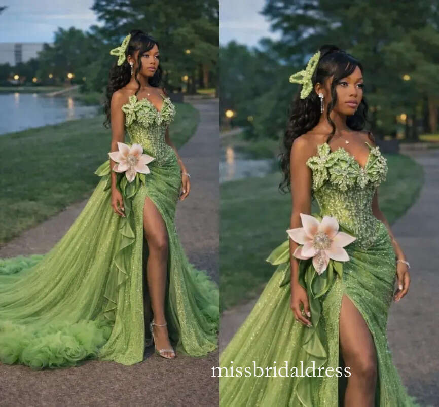 The And The Frog Green Prom Evening Dresses For African Princess Sparkly Crystal Flower Sexy Split Black Girl Birthday Formal Gowns Reception Dress 4F