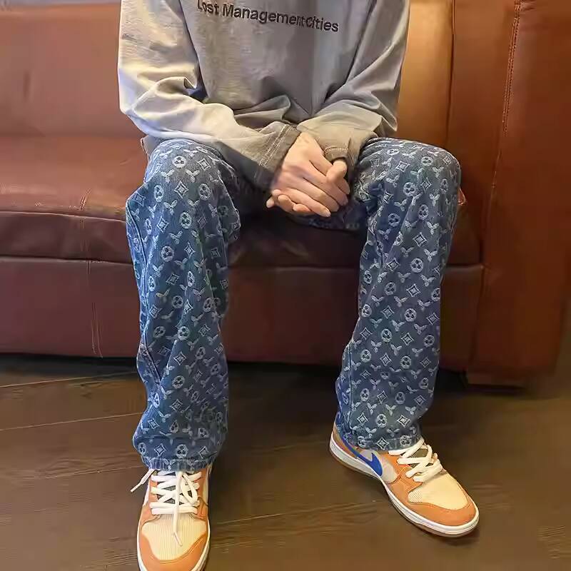 2026 Designer Jeans Luxury Fashion Men's Brand Full Print Men's Loose Straight Leg Jeans Retro Street Sports And Leisure Essential Trendy Yo