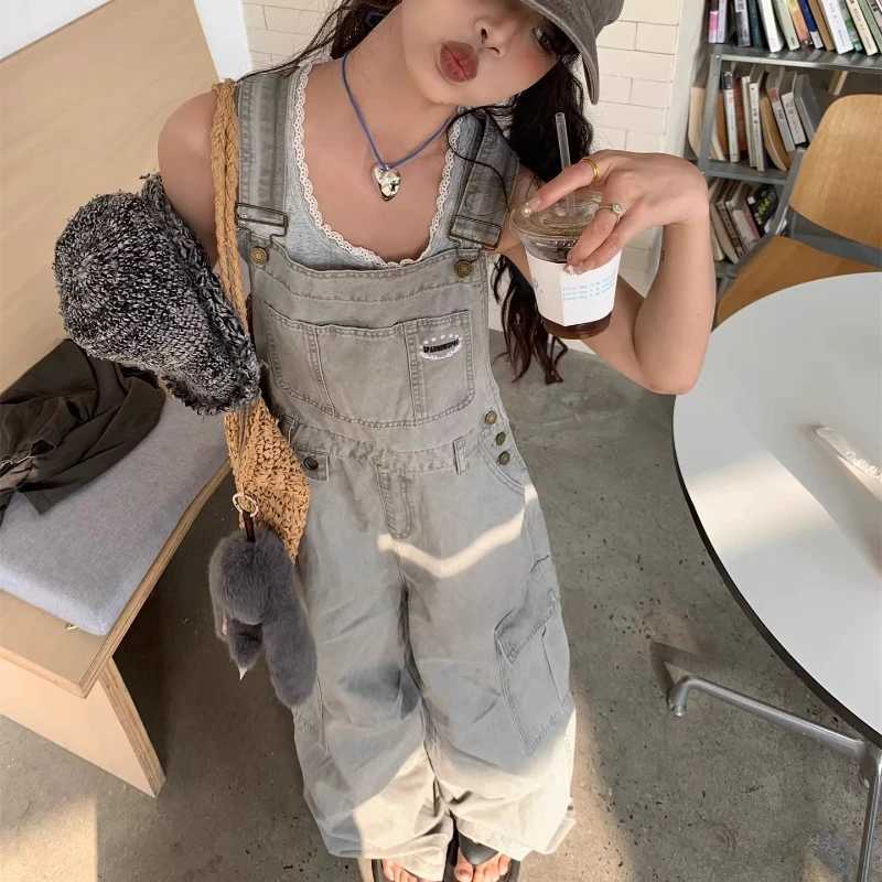 American Retro Design Gray Workwear Large Pocket Womens Jumpsuits 2026 Spring New Loose Sweet Cool Wide Leg Trousers Ladies M260323