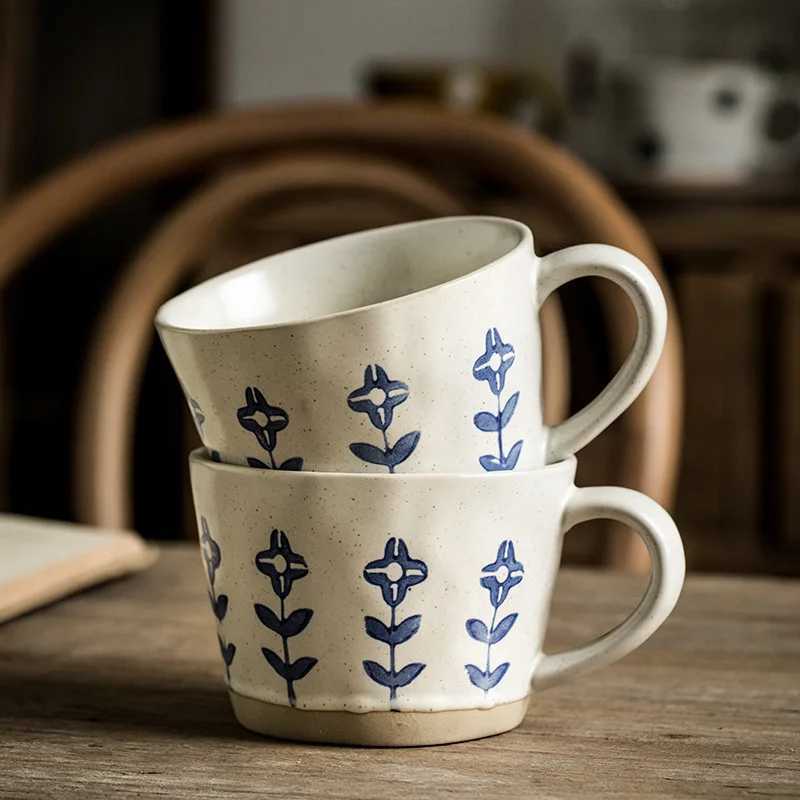 Artistic Hand-painted Small Flower Coarse Pottery Cup Ceramic Mug Coffee Cup Office Drinking Cup H260323