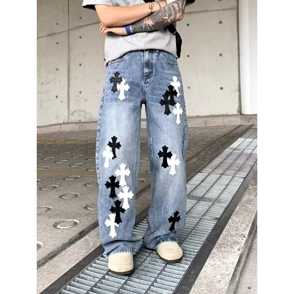 2026 Designer Jeans Spring Luxury Men's Loose Pants Fashion Black And White Leather Splicing Embroidered Wide Leg Straight Tube Youth Street Jean