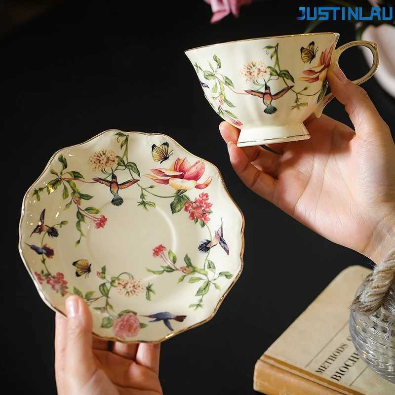 JUSTINLAU Palace Style Gold Flower Bird Coffee Cup and Plate Set Retro Ceramic High Aesthetic Home Afternoon Tea Cup Mugs D260323