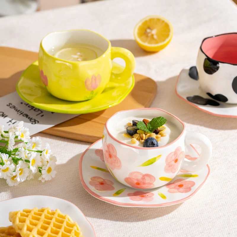 300ML Korean Style Hand Pinched Irregular Ceramic mug Hand-painted Flower Heart Coffee Cup Breakfast Milk Afternoon tea cup Gift D260323