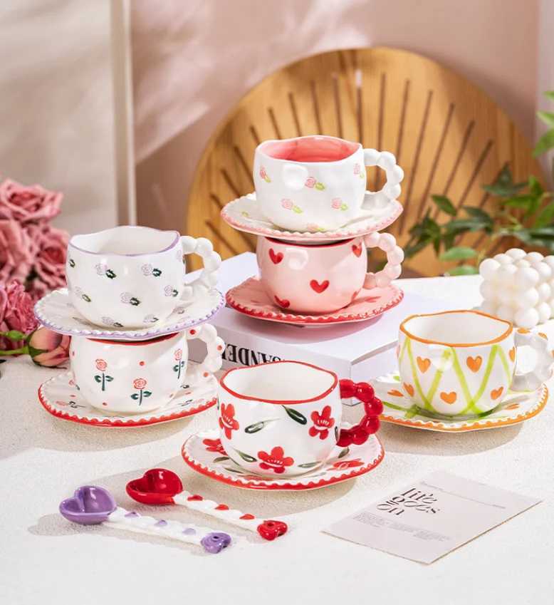 1Set Asymmetrical Hand-Kneaded Flower Coffee Cup and Saucer Niche Design Bow Coffee Cup and Saucer Exquisite High-End Coffee Cup H260323