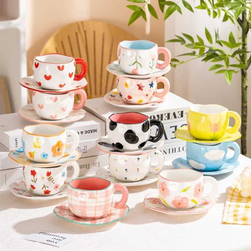 12 styles Creative Cute Ceramic mug Espresso Coffee Cup with Saucer Hand Pinched Irregular Flower Clouds Breakfast Milk Tea Cups H260323