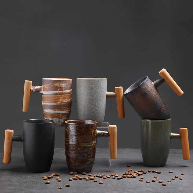 1PC Creative wooden handle coarse pottery coffee cup Japanese retro ceramic mug vintage tea cup D260323