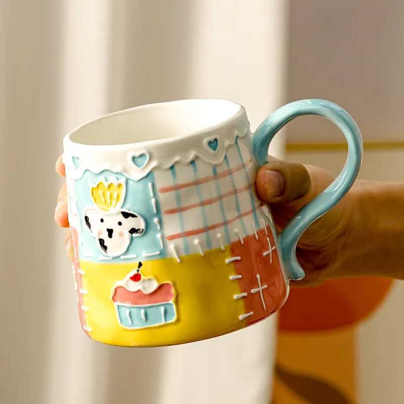 Ins Style Underglaze Color Embossed Pattern Ceramic Mug Home Desktop High-looking Girl Drinking Cup Childrens Gift Drinkware H260323