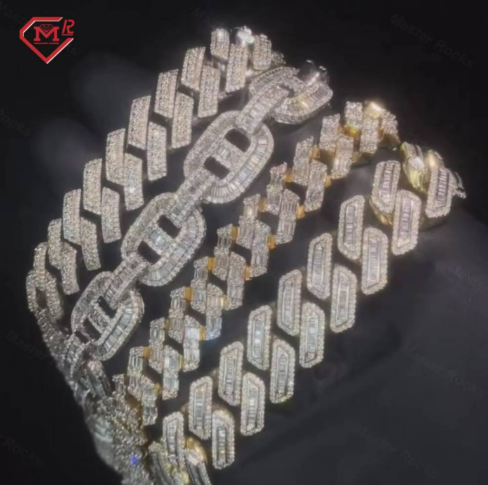 10k 14k 18k Gold Plating 925 Silver Vvs Baguette Moissanite Bracelet Bangle Cuff Link Hip Hop Iced Out Moissanite Bracelet Men