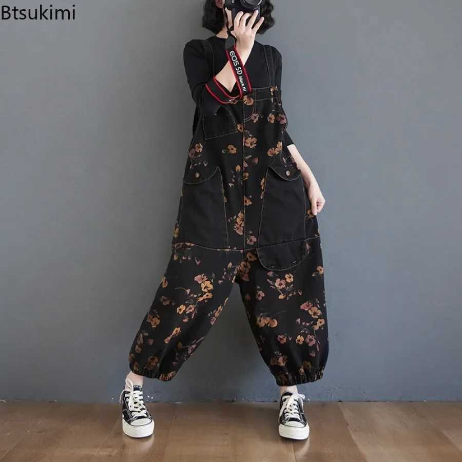 New 2026 Womens Fashion Loose Print Denim Jumpsuit with Big Pockets Vintage Casual Overalls Ladies Jeans Straps Pants Oversized M260323