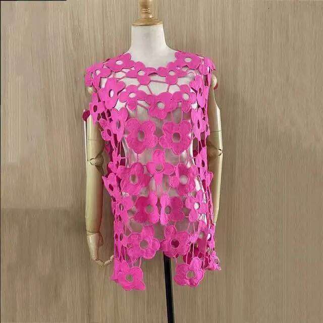 Spring Women Pullovers Blouse New Korean Fashion Hollow Out Flower Crochet Shirt Round Neck Sleeveless Tank Top