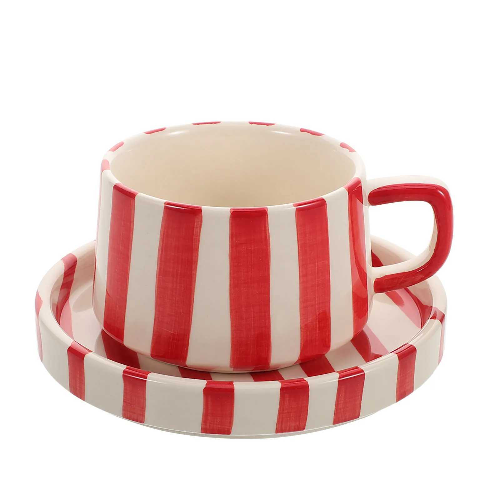 1Set Ceramic Coffee Cup Striped Pattern Office Afternoon Tea Latte Art Mug Saucer Set Creative Ceramic Coffee Cup H260323