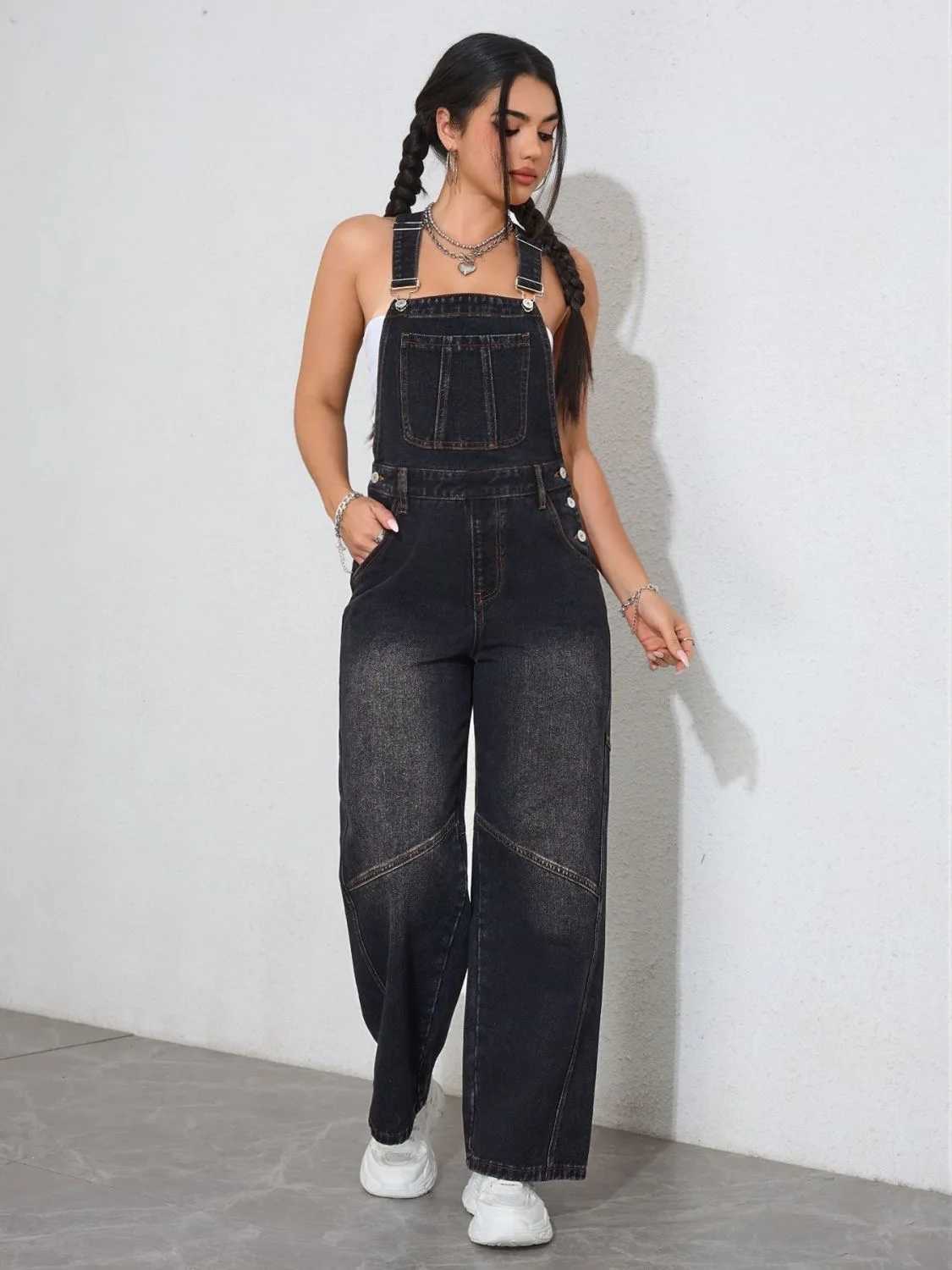 Womens Vintage Black Denim Jumpsuit Wide Leg Overalls Loose Fit Spring Fall Casual Romper Fashion Oversized Staple Bib Pants M260323