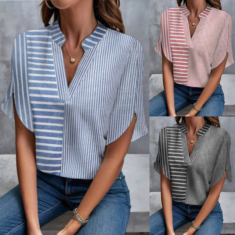 European And American Designer T-shirt Polo Summer New Women's V-neck Designer Hoodie Pullover Short-sleeve Striped Casual Ladies' Shirt