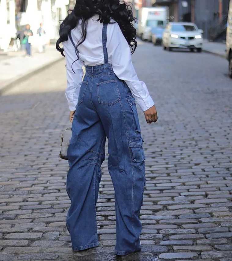 Jumpsuit American Street Zipper Denim Overalls Trendy Design Casual Multi Pocket Cargo Pants Womens Streetwear Denim Jumpsuit M260323