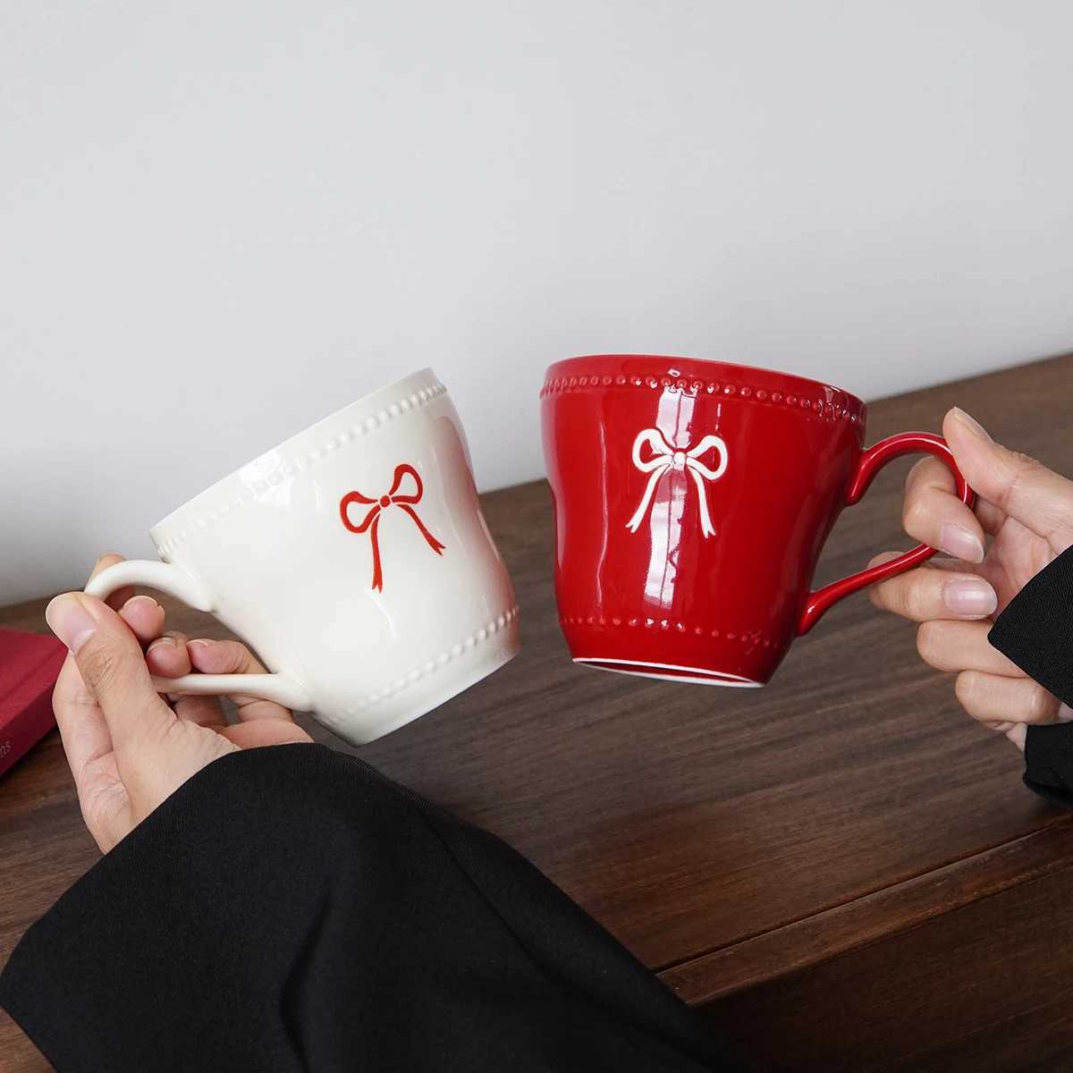 Ceramic Mug Beaded Lace Design Exquisite and Simple Bowknot Mug Coffee Cup Suitable for Home Decoration Daily Breakfast Drinking Cup Afternoon Tea Cof