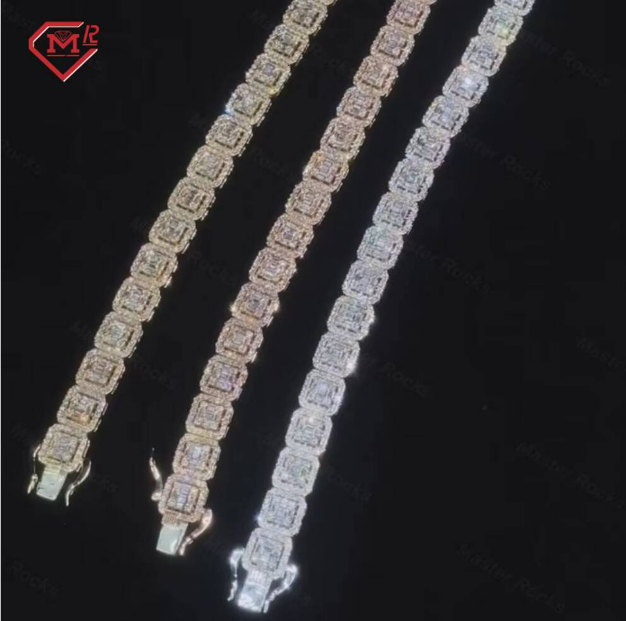 10k 14k 18k Gold Plating 925 Silver Vvs Baguette Moissanite Bracelet Bangle Cuff Link Hip Hop Iced Out Moissanite Bracelet Men