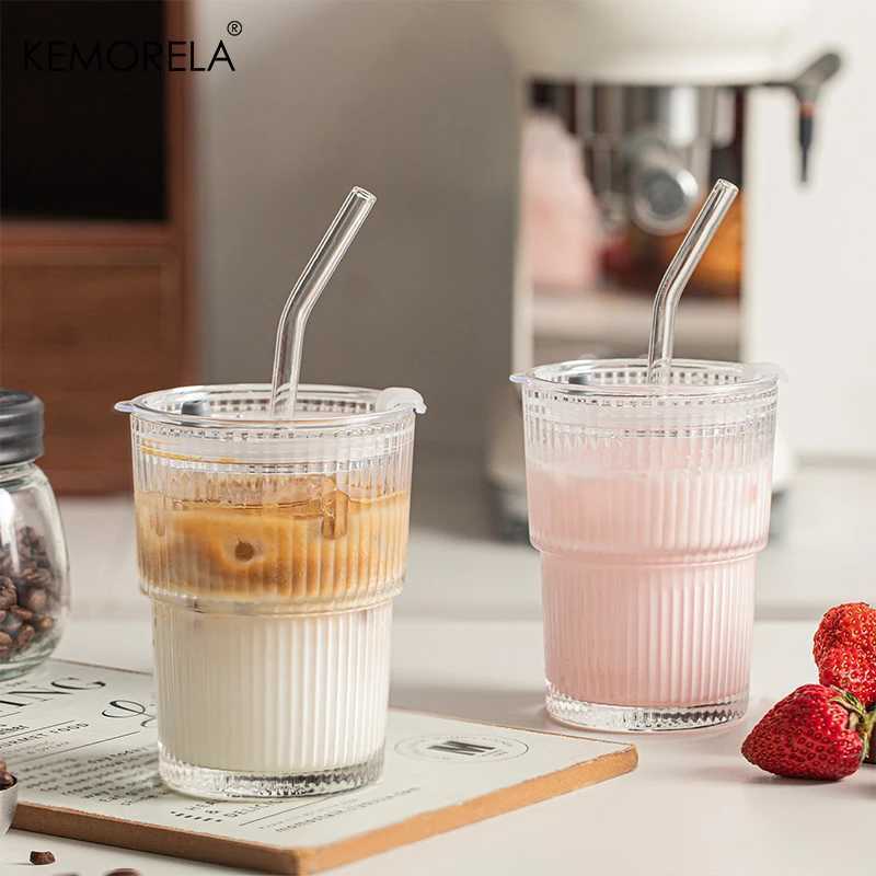 1/2PCS 450ml Stripe Glass Cup Whiskey Glass Transparent Glasses With Lid and Straw Ice Coffee Mug Juice Glass Milk BeerDrinkware D260323