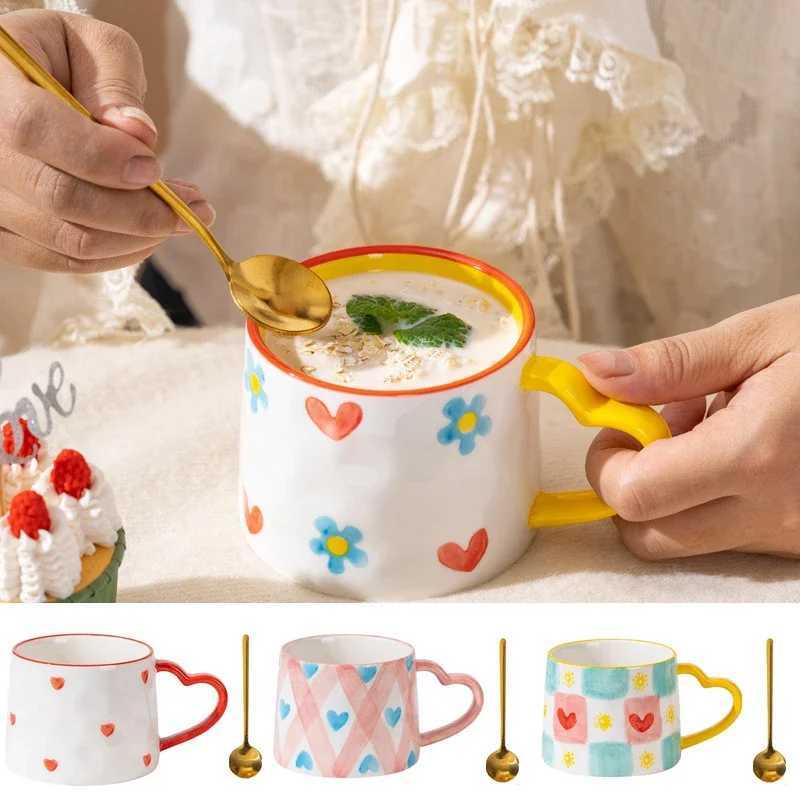 300ML Ceramic Mug with Spoon Cute Ins Style Hand-Painted Love Heart Coffee Breakfast Milk Tea Mug Festival Cups Wedding Gift H260323