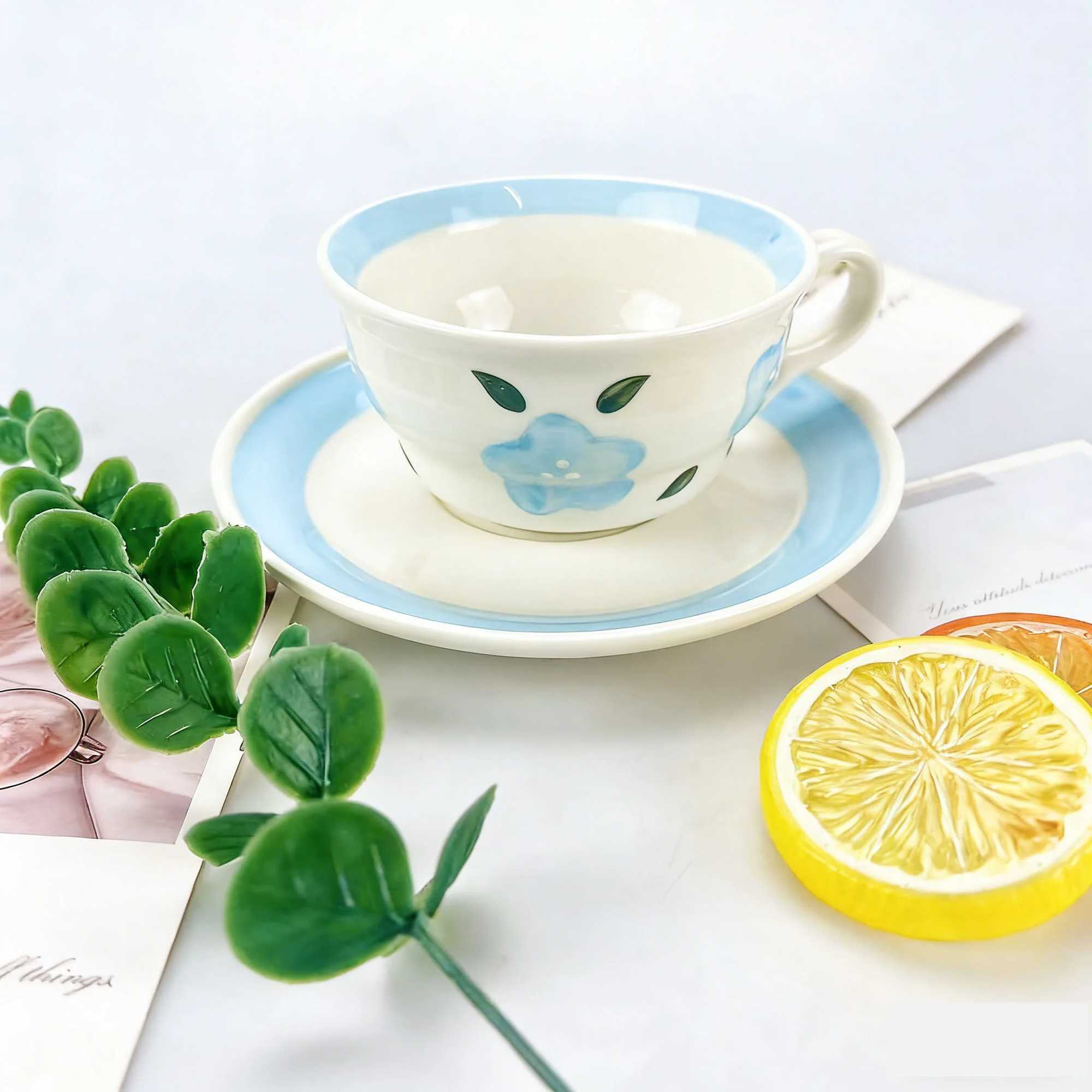 1PC Ceramic Coffee Cup and Saucer Set Ins-style Floral Pattern Couple Cups Household Afternoon Tea Cups High-value Mugs H260323