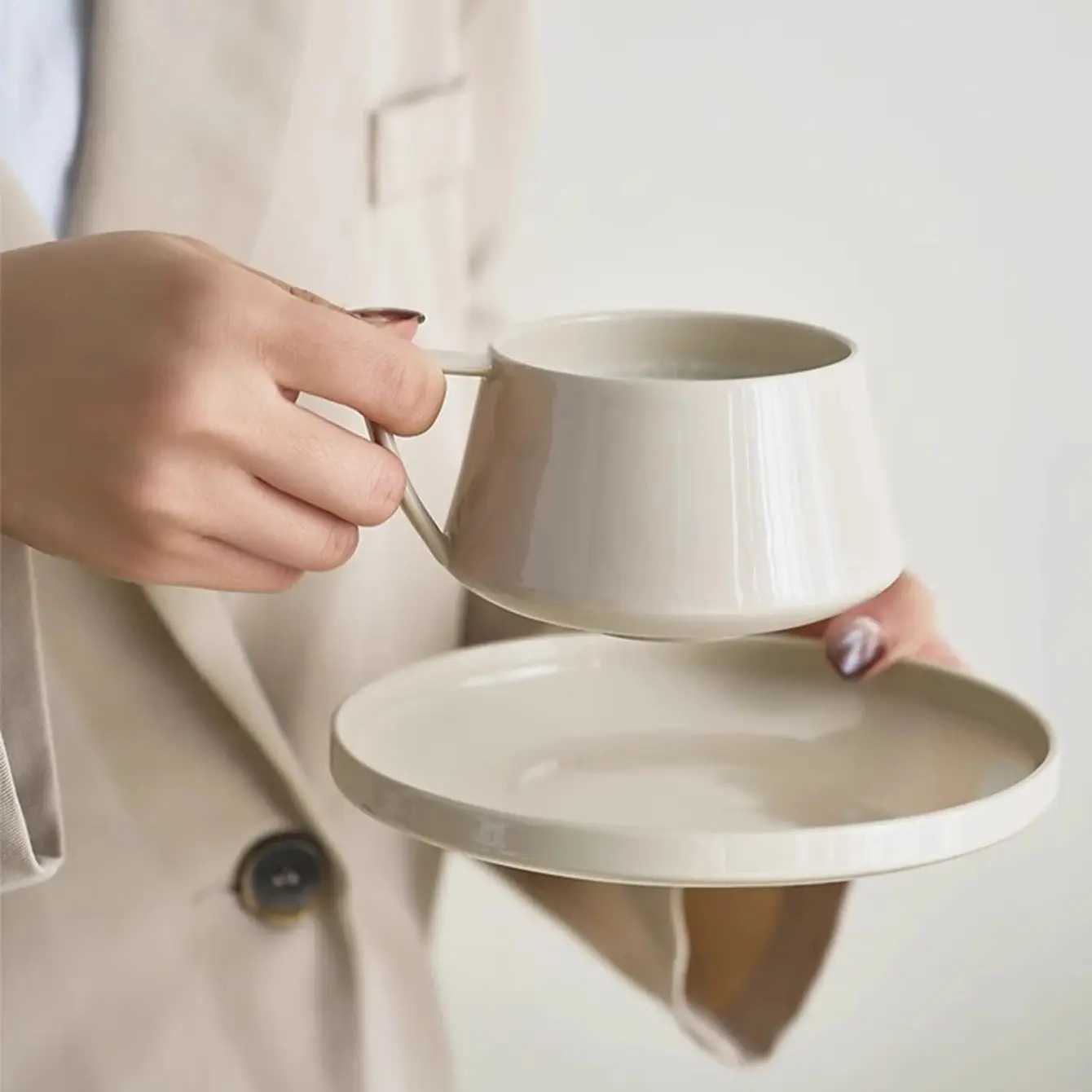 1pc 320ml simple ceramic coffee cup and saucer exquisite instant cup mug saucer for office afternoon tea H260323