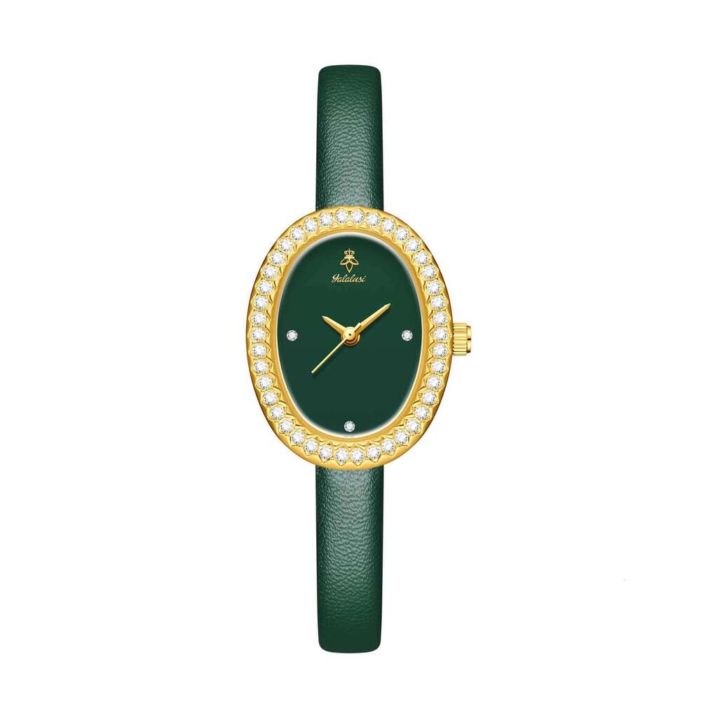Elegant Small Dial Ins-style Green Leather Strap Women's Fashion Watch with Diamond Encrusted