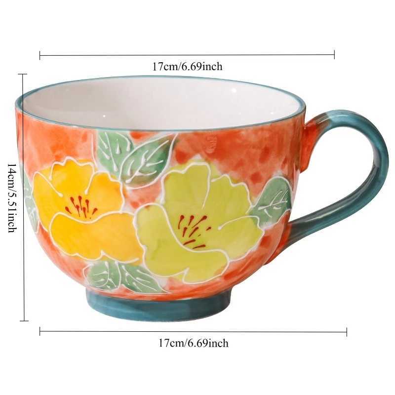 Embossed pure hand-painted ceramic cup beautiful large capacity breakfast cup high value flower tea cup milk oatmeal cup D260323